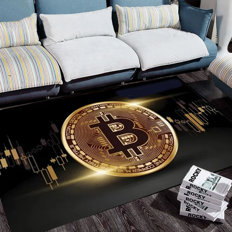 3D Bitcoin Virtual Currency Area Non-slip Rug Large Carpet Rug for Living Room Bedroom Sofa Playroom Doormat Decor