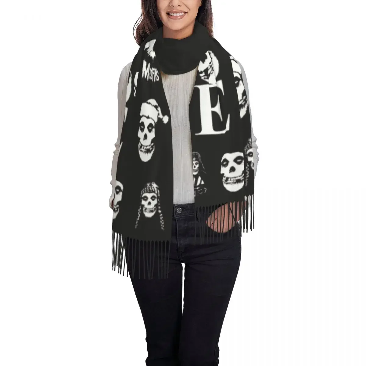 Custom Horror Punk Rock Misfits Skull Tassel Scarf Women Soft Shawls Wraps Ladies Winter Scarves