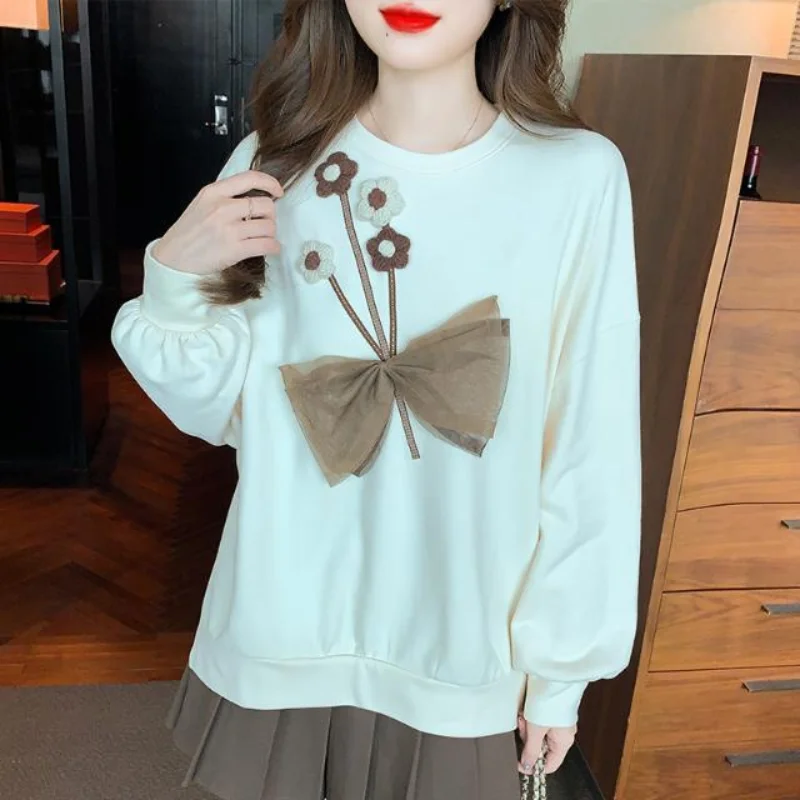 Autumn Round Neck Long Sleeve Women\'s Hoodies Autumn 2023 New Advanced Design Loose All-match Bow Flower Lady Classic Top