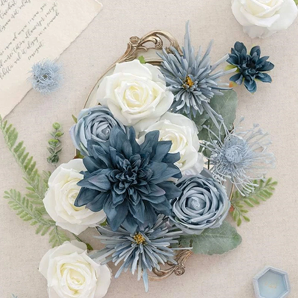 Blue and white rose artificial flower combination box, bridal bouquet, outdoor/indoor DIY decoration, holiday decoration flowers