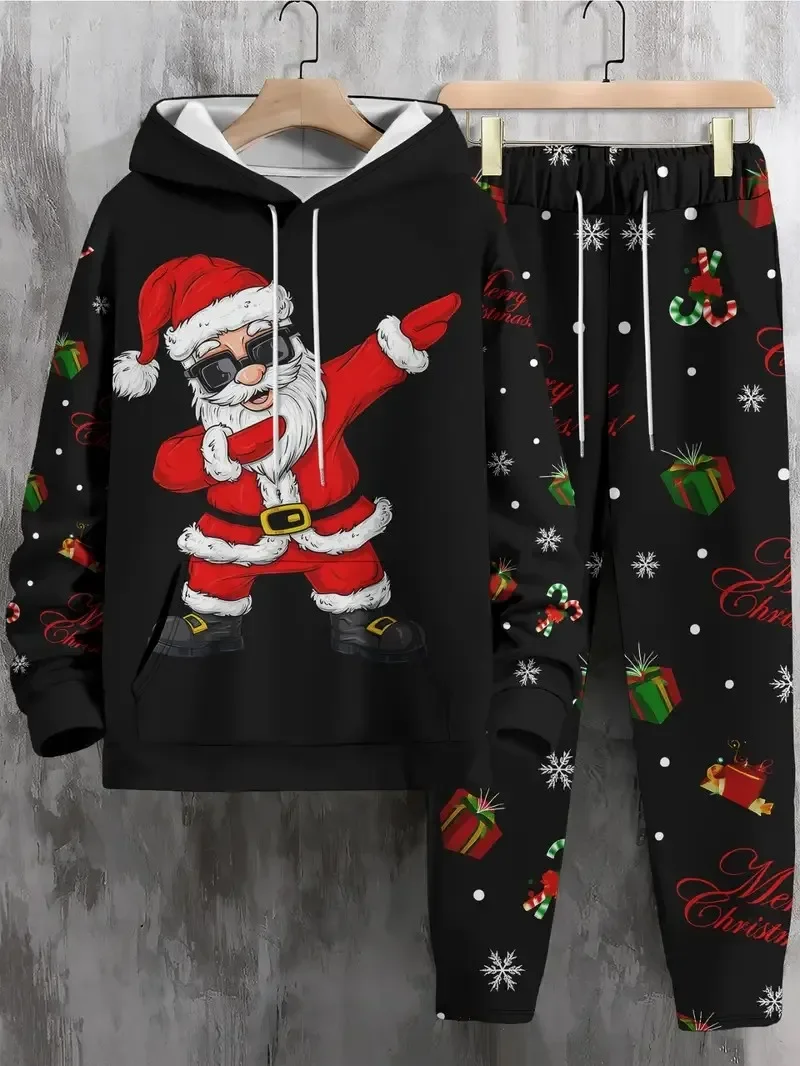 Grappige Kerst Kerstman Heren Hoodie Set Herfst en Winter Casual Hoodie Broek 2-delige Set Outdoor Losse Sport Vakantie Set