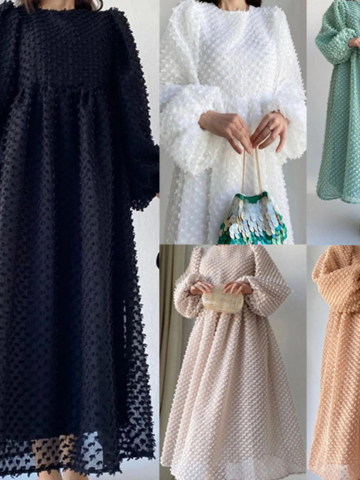 뉴 패션 라지 스윙 드레스 블랙 여성용 단색 라운드 넥 랜턴 슬리브 롱 크로스보더 드레스