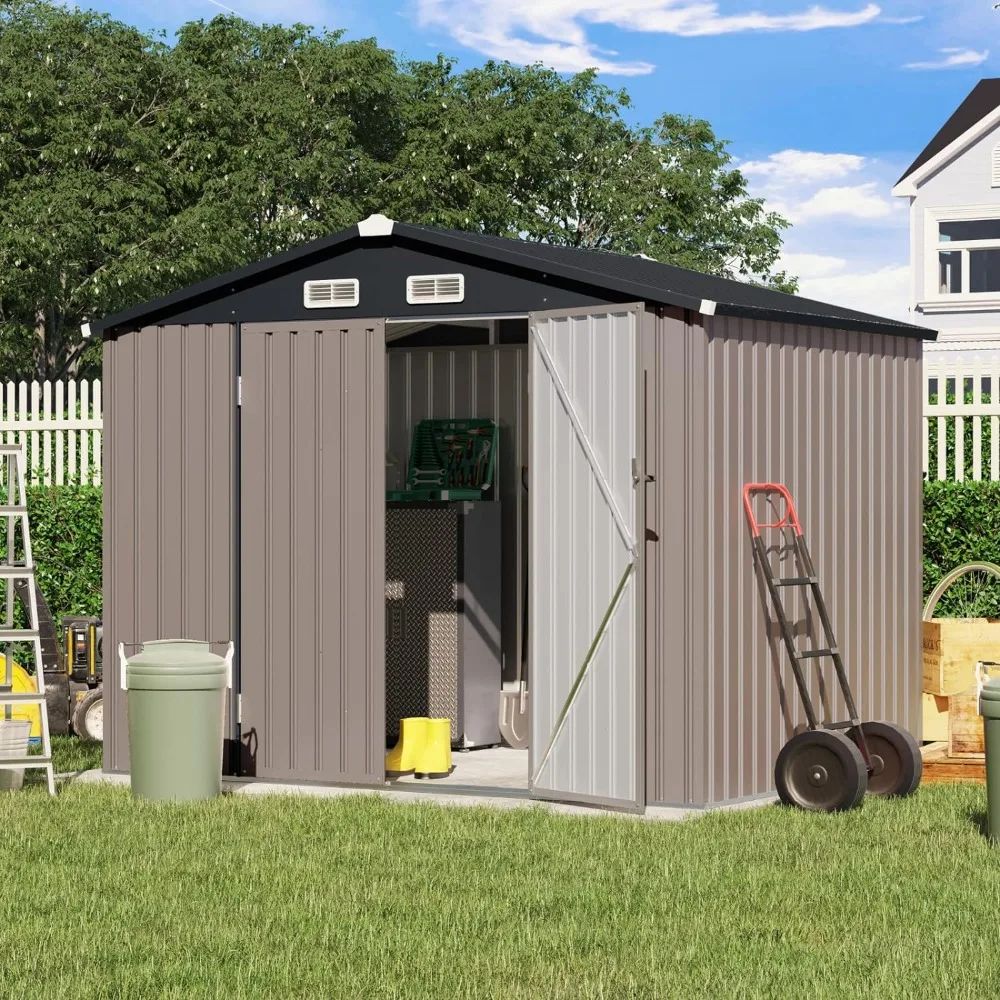 Garden 8'x6' Outdoor Storage Shed, Galvanized Metal Steel Garden Shed,Double Door W/Lock, Bike Storage Metal Shed