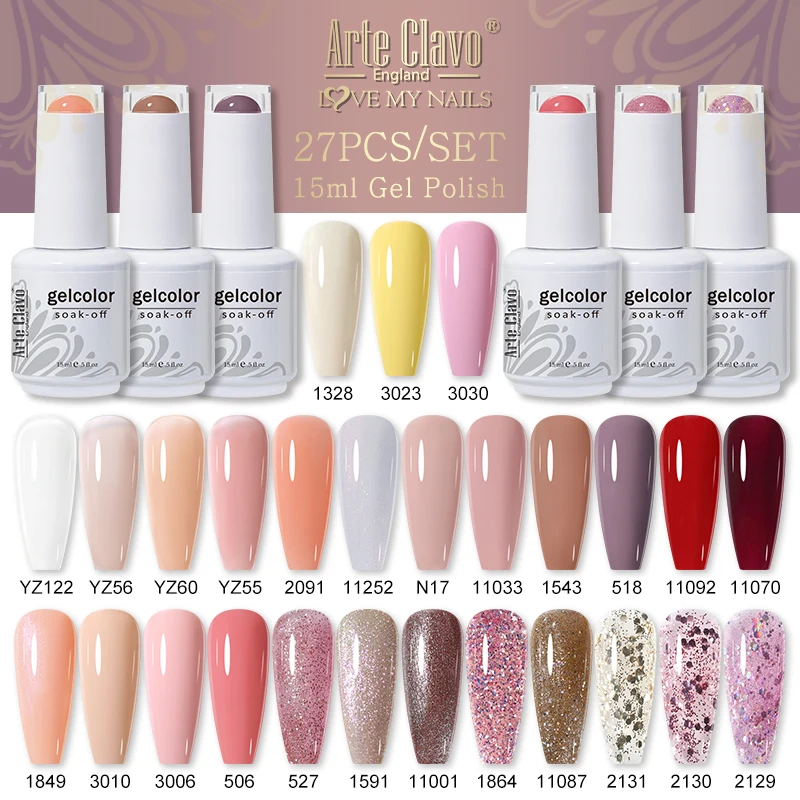 Arte Clavo 15ml 27pcs UV Gel Polish Pink Color Gel Nails Art Soak Off Gel Lacquer Hybrid LED Varnish Nail Manicure Base Top Coat
