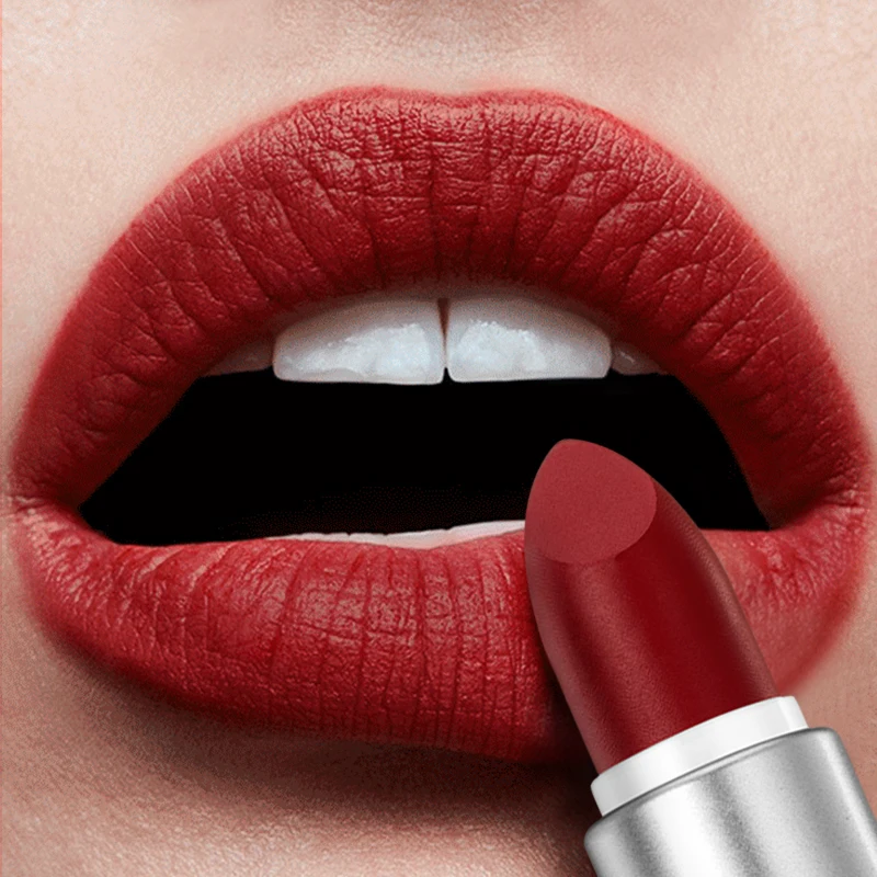 QIBEST lápiz labial mate barras de labios desnudas de larga duración Velve rojo teñido impermeable labio mancha lápiz labial bálsamo maquillaje 6 colores para mujeres