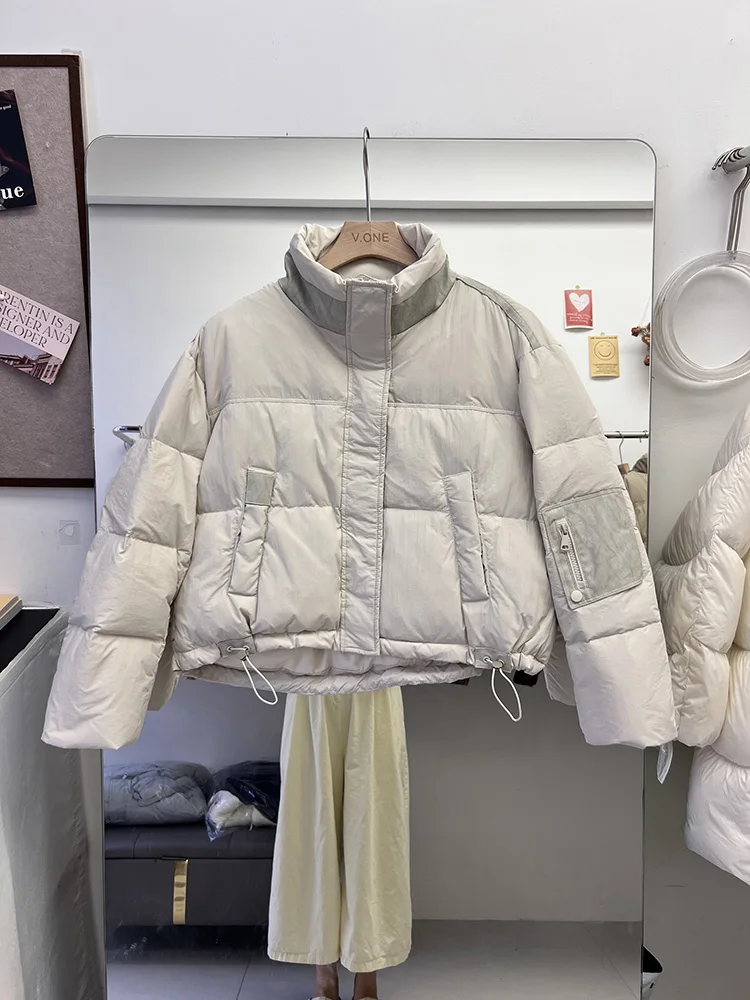 Moda de inverno nova jaqueta feminina commuter emenda gola versátil pato branco para baixo estilo curto jaqueta
