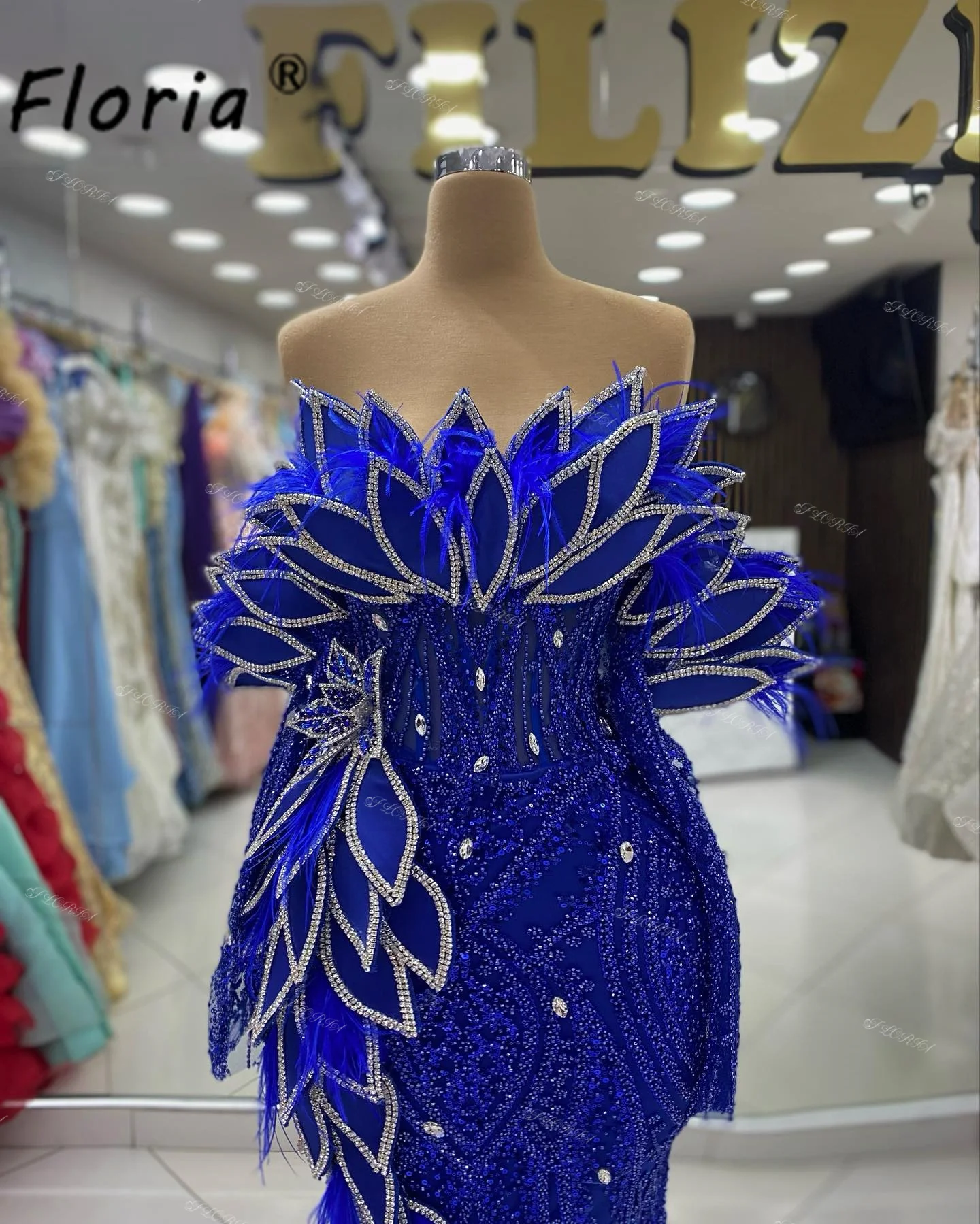 Luxury Dubai Royal Blue Mermaid Evening Dresses 3D Appliques Feathers Leaves Formal Occasion Gowns Red Carpet Vestidos de gala