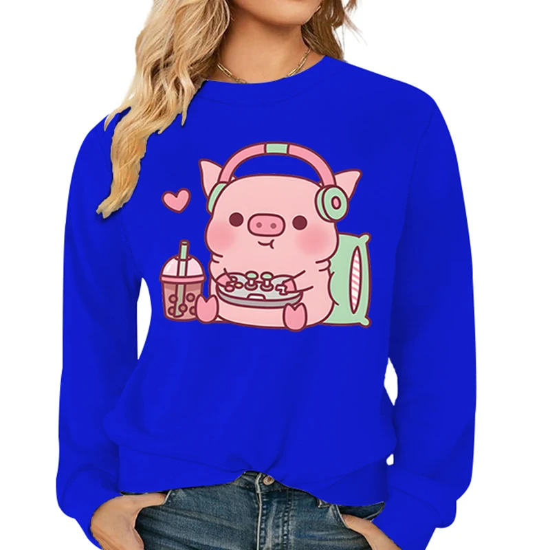 Casual Cartoon Women Sweatshirts Cute Gamer Pig Printed Hoodies Fleece Warm Pullover Street Crewneck Loose Female Y2K Tracksuit