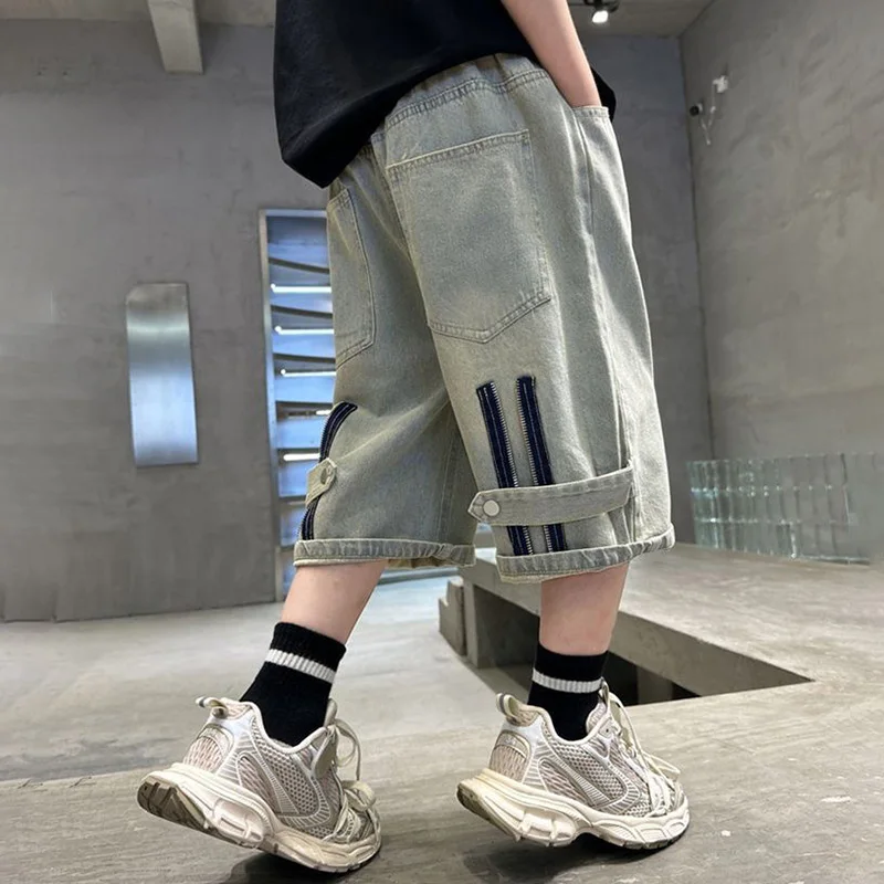 Boys Summer Trendy Cool Denim Cargo Shorts 2-14 Years Casual Zipper Thin Jeans For Kids Loose Comfortable Mid-length Pants