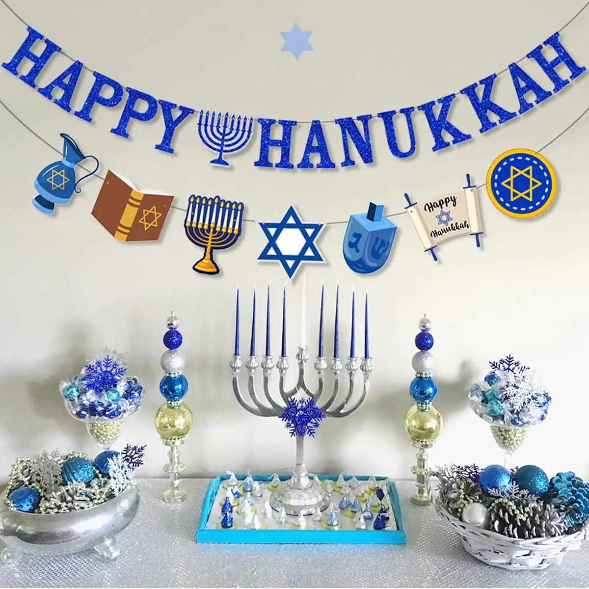 Glitter Happy Hanukkah Banner with Menorah Sign Hanukkah Decorations Chanukkah Garland for Mantel Fireplace Home Decor