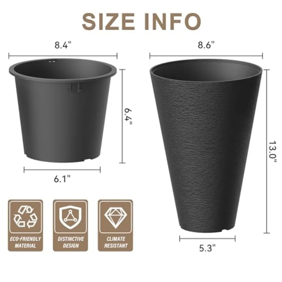 Two 13-inch tall round planters, weather-resistant for indoor, outdoor, garden and patio