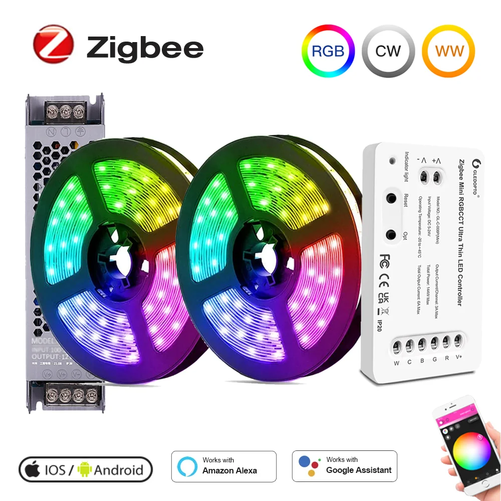 10m 20m Zigbee 3.0 RGBCW taśma Led 12V SMD 5050 RGB + CCT elastyczna ściemniająca opaska świetlna zestaw sterowania głosem Alexa Google SmartThings