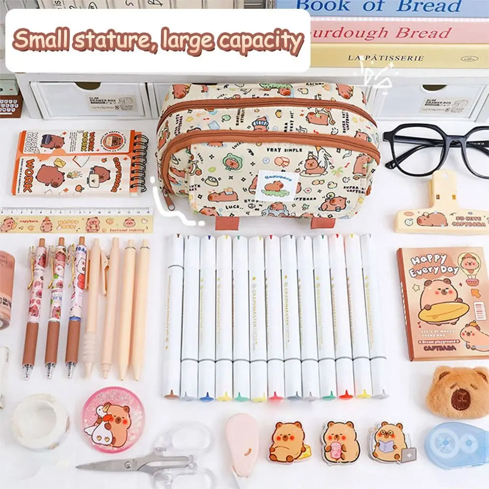 Cartoon Print Capybara Pencil Case Large Capacity Flip Over Stationery Storage Pouch Four-layer for Office School Supplies