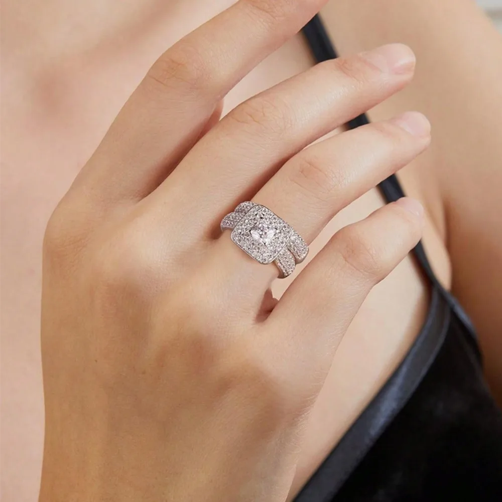 2pcs Double-layer Ladies Luxury Ring Set Diamond Silver Stackable Finger Rings Wedding Preferred Jewelry Valentine's Day Gift