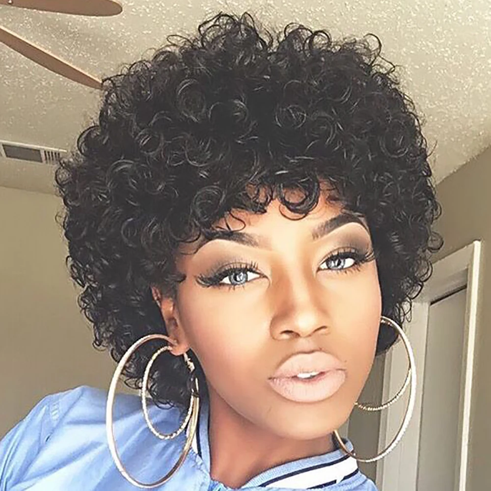 ショートウォーターウェーブ人毛ウィッグ ピクシーカットウィッグ ブラジル人毛 100%人毛 機械製 女性用 生え際処理済み すぐに着用可能