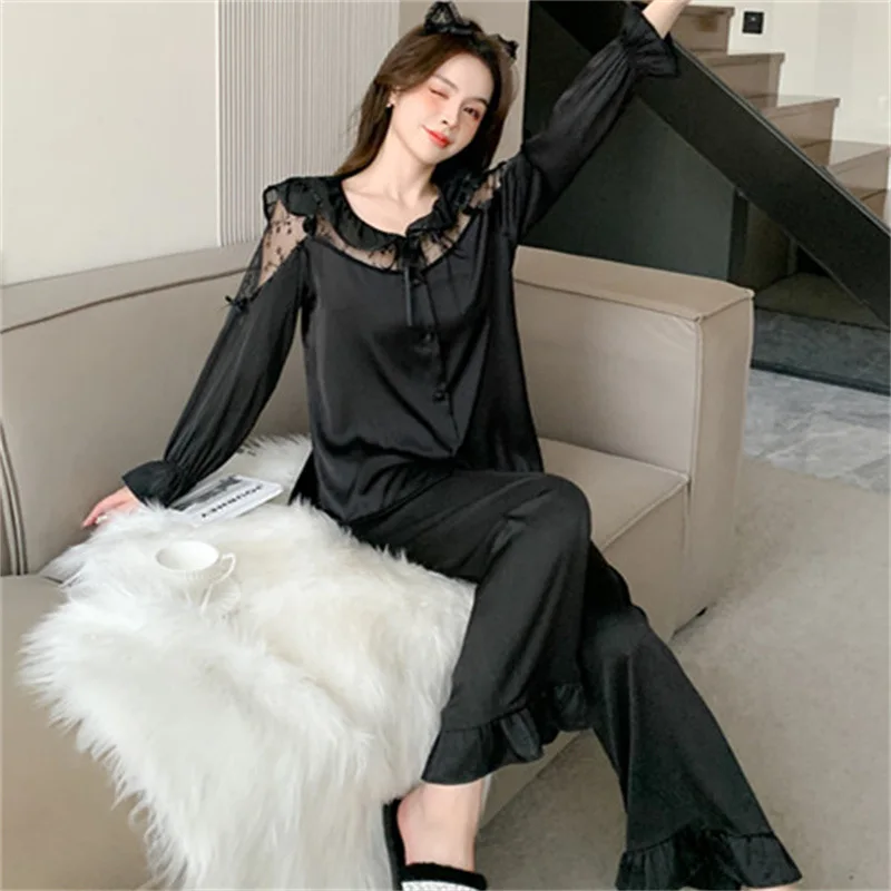 Black Long Sleeve Pants Floral Print Woman Satin Pajama Sets Ensembles 2 Piece Two-Piece Lady Outfit Lounge Women Pijama Pj