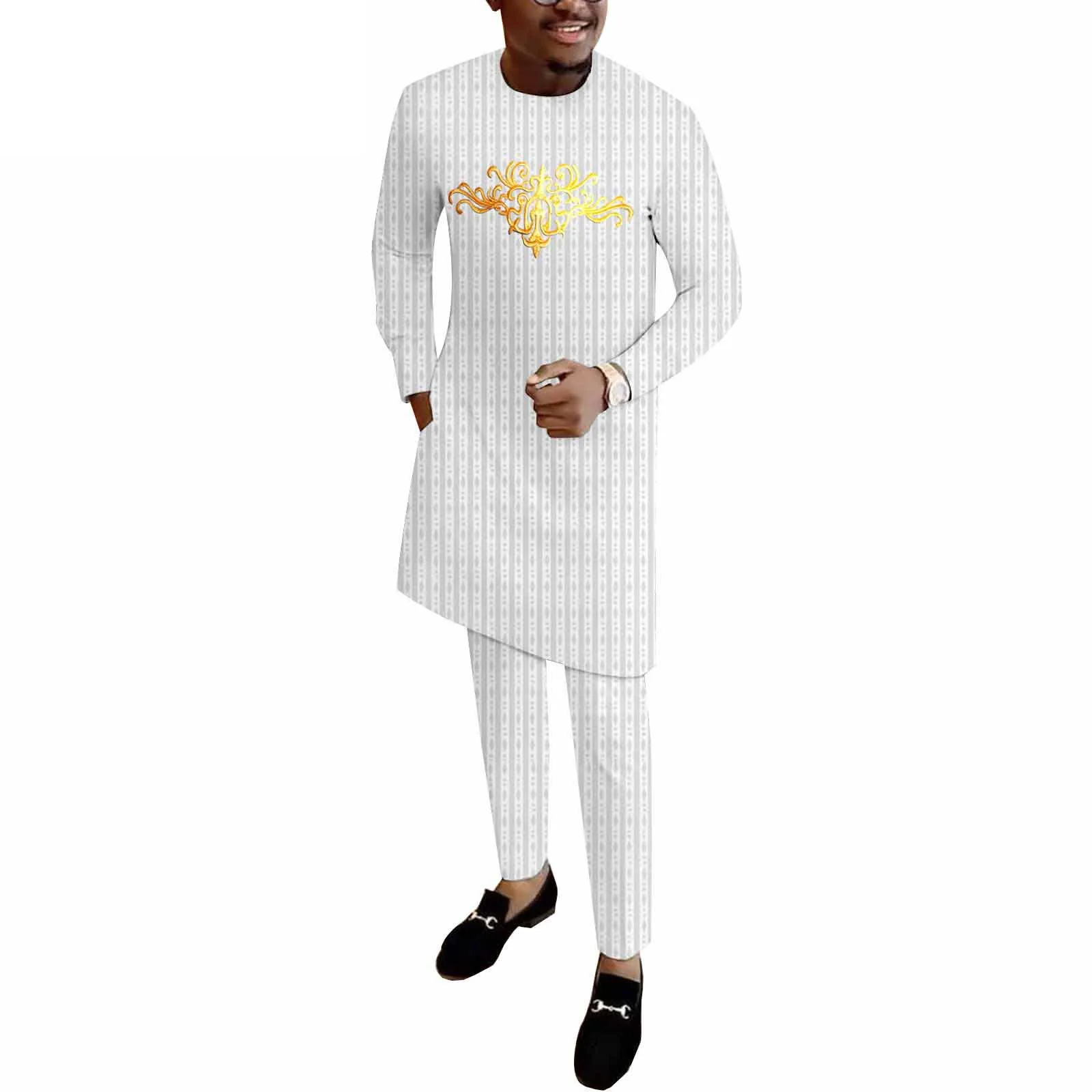 

African Suits for Men Embroidered Shirts and Ankara Pants 2 Piece Set Suit African Clothes Tracksuit Outfits Slim Fit Wedding