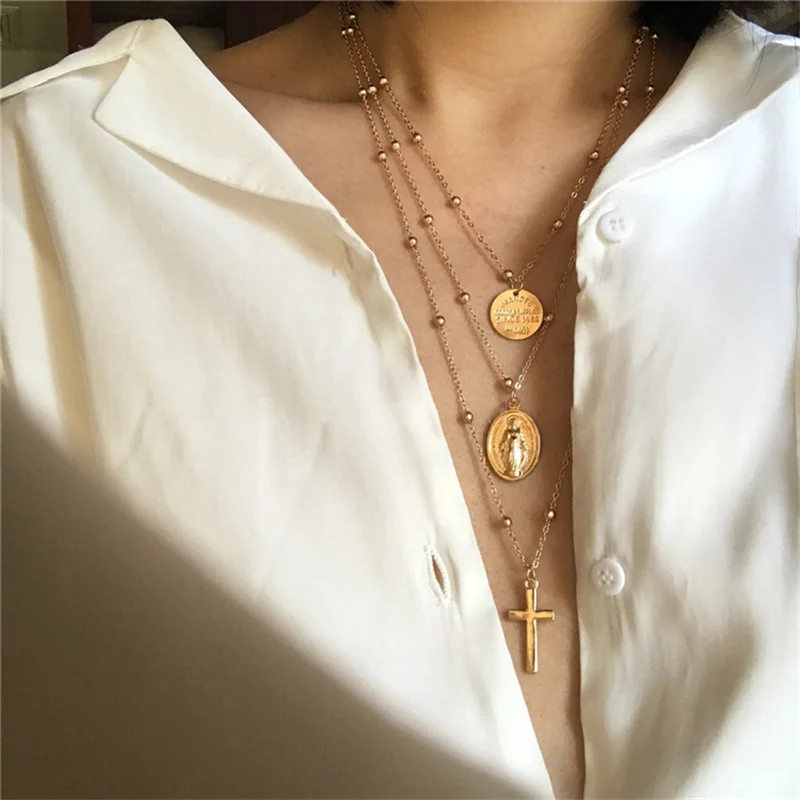 

Boho Multi Layered 3 Layers Geometric Blessed Cross Necklace For Women Choker Classic Chain Crystal Necklaces Jewelry Wholesale