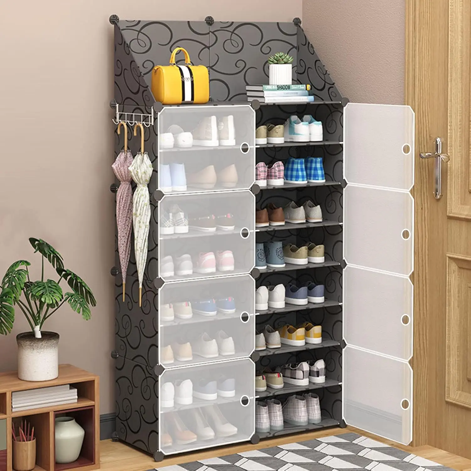 

8-Tier Shoe Rack with Doors, Key Holder, Expandable Storage Cabinet for 32-64 Pairs, Portable Organizer for Hallway, Bedroom