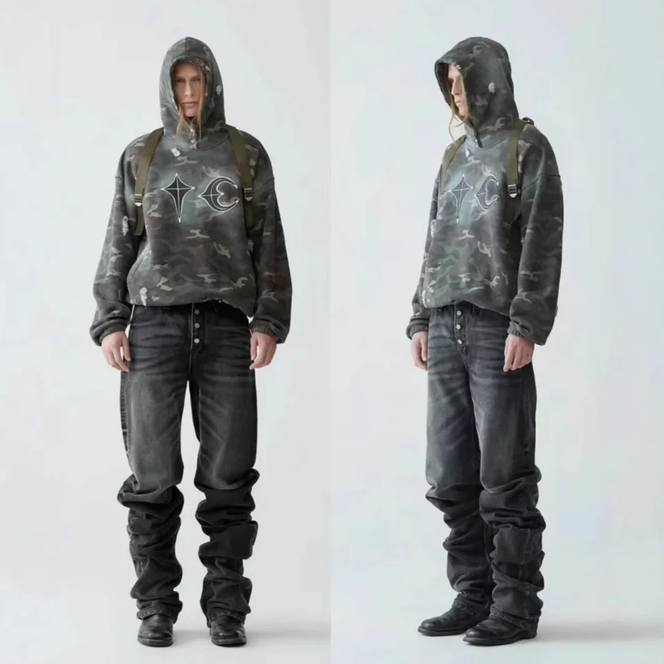 Thug Club VIBE Star & Moon Logo Patchwork Embroidery Spray Paint Camo Jacket Button-down Washed Cap Sock Hoodie Trendy
