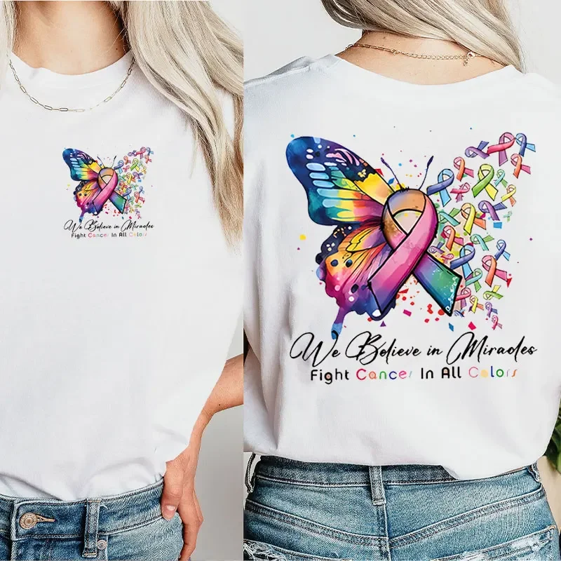 Cancer Warrior Gift Cancer Survivor Outfit Family Support T-Shirt Butterfly Ribbon Graphic Tees Fight Cancer October Pink Tops