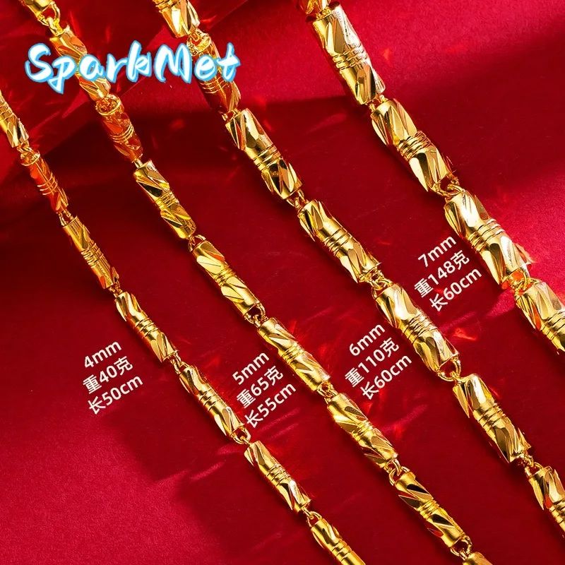 

Sparkmet 24K gold cylindrical double bamboo necklace 9999 real gold men's and women's solid color bamboo knot gold jewelry neckl