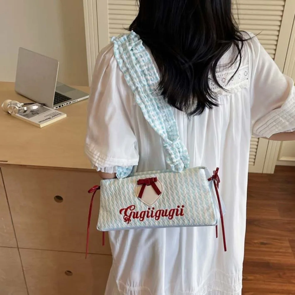 

Drawstring Shoulder Strap French Stick Handbag Pleated Bow Ribbon Plaid Shoulder Bag Large Capacity Embroidered Letters