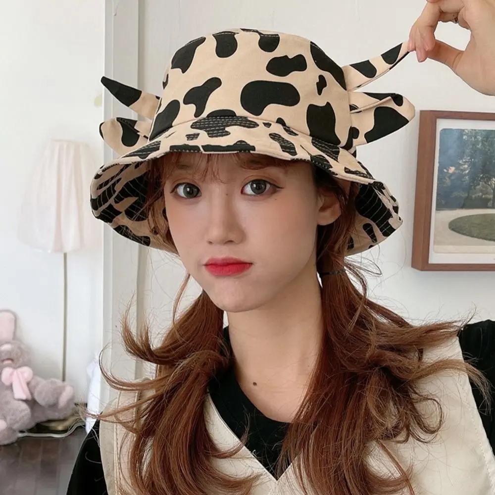 Style Cap Portable Cotton Panama Hat Horns Sun Protection Outdoor Beach Cap Cow Pattern Cap Basin Hat Sun Hat Women Bucket Hat