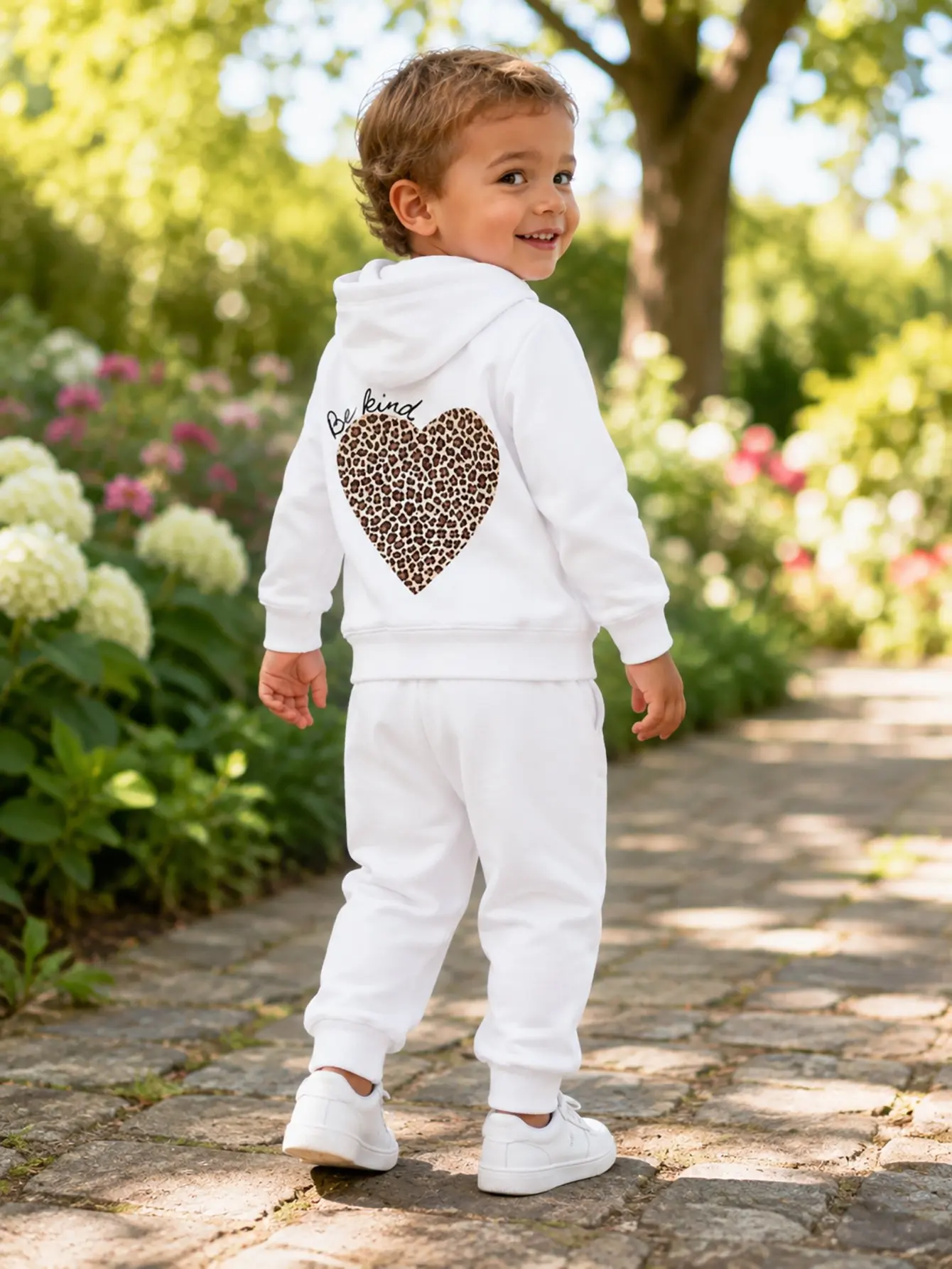 Hooded Zip Up Loose Sweatshirt Pants Set Cherry Letter Print White Long Sleeve Loose Fit Boys Fall Winter New Style Trendy Styli