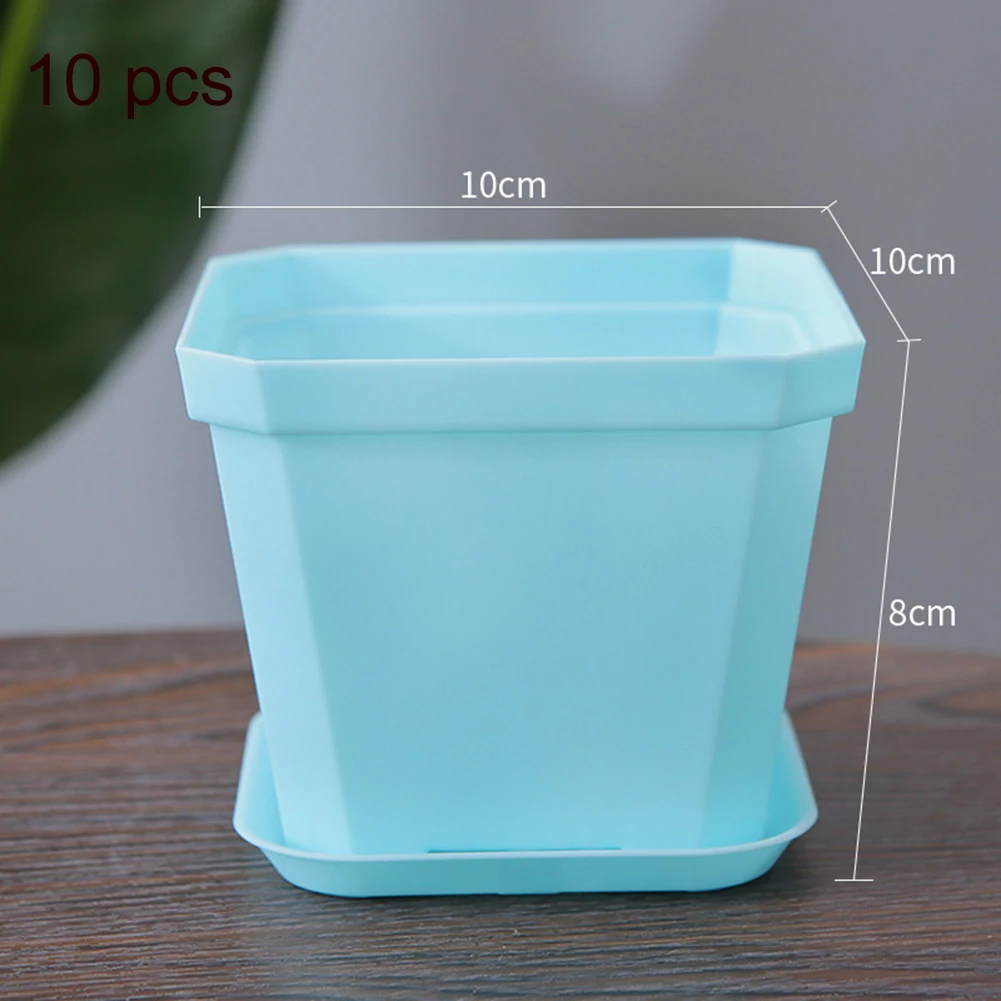 Compact Square Plastic Planters 12 Pack with Drainage Capability and Supporting Trays for Succulents Cacti and Miniature Plants