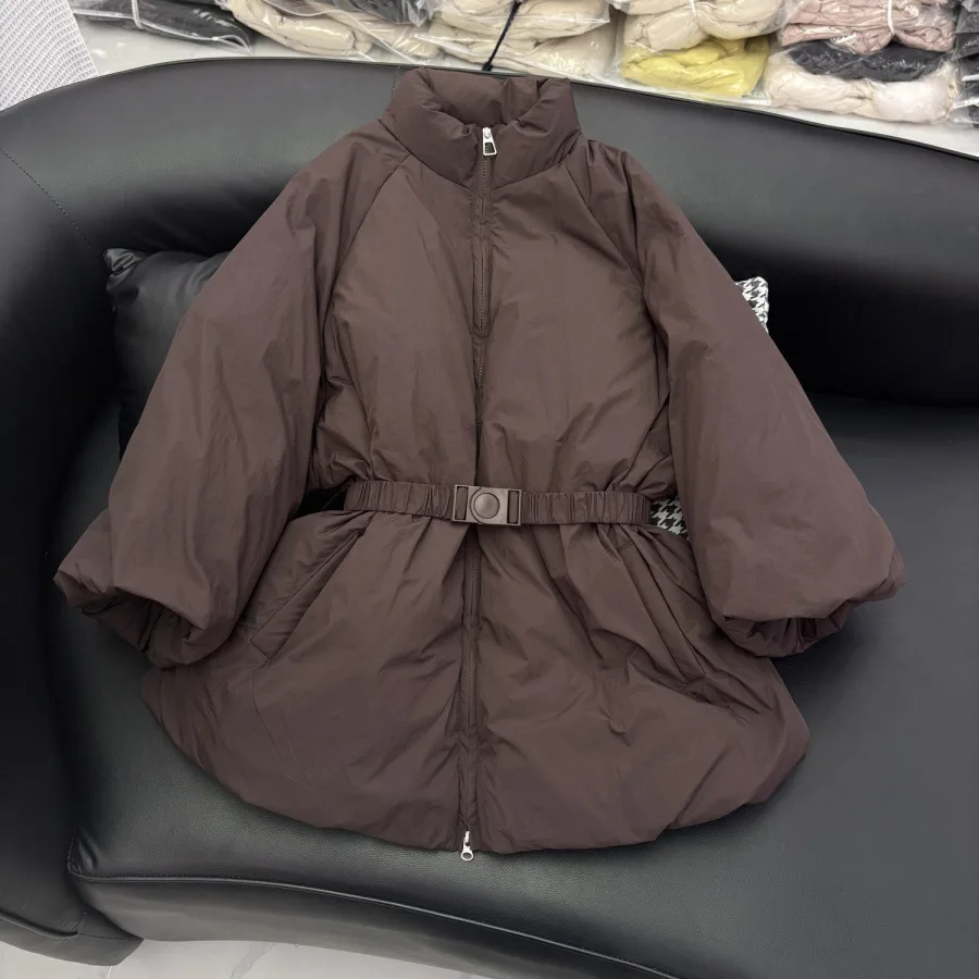 2026 Herbst und Winter Laterne Ärmel Daunenjacke Damenmode Vielseitige Gürtel Daunenmäntel Stehkragen Schnee Parka Jacke