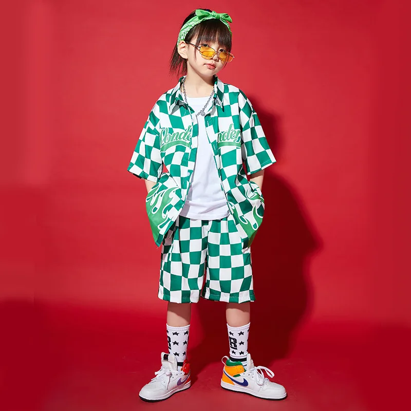 Kid Kpop Hip Hop Clothing Green Checkered Shirt Short Sleeve Top Summer Casual Shorts for Girl Boy Jazz Dance Costume Clothes