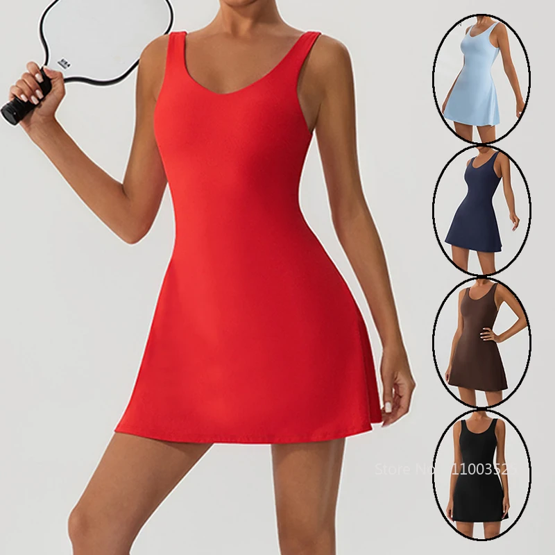 Women Tennis Sports Dress with Chest Pad Outdoor Fitness Quick-drying Golf Tennis Dress Lady Sleeveless V-neck Skirts with Short