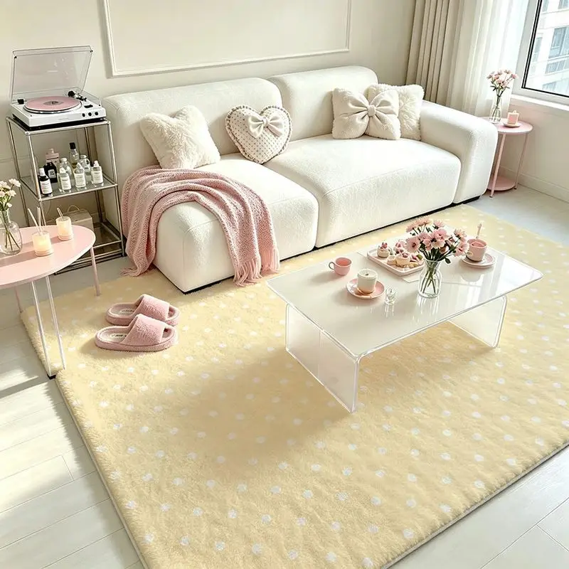 VIKAMA Pink Polka Dot Living Room Rug Cream Fluffy Soft Area Carpet Girls Bedroom Decor Cute Home Accent Floor Mat