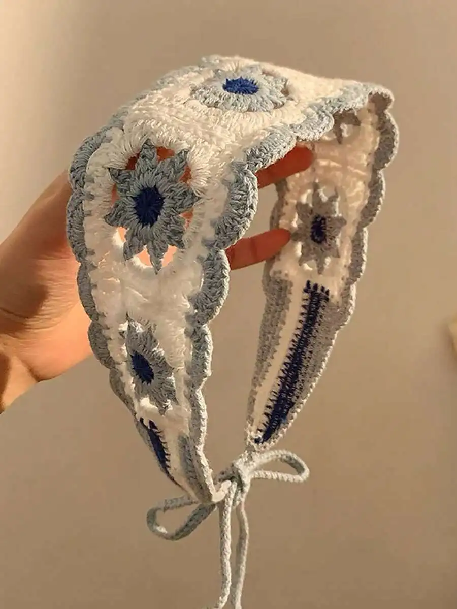 

Light Blue And White Crochet Floral Headband With Centers, Bohemian Style Adjustable Hair Wrap For Spring Summer Outings
