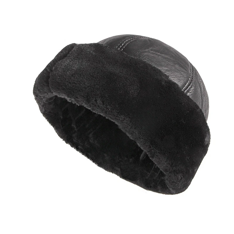 Winter PU Leather Warm Plush Hat Thickened Fur Splicing Leather Hat Retro Waterproof Old Man Hat Plush Warm Snow Windproof Hat