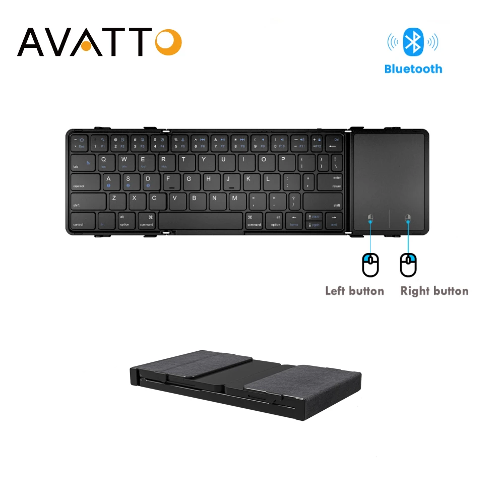 AVATTO Bluetooth Touchpad Foldable Wireless Keyboard Tri-Folded Ultra Slim Support 3 Device Rechargeable Folding Keyboard