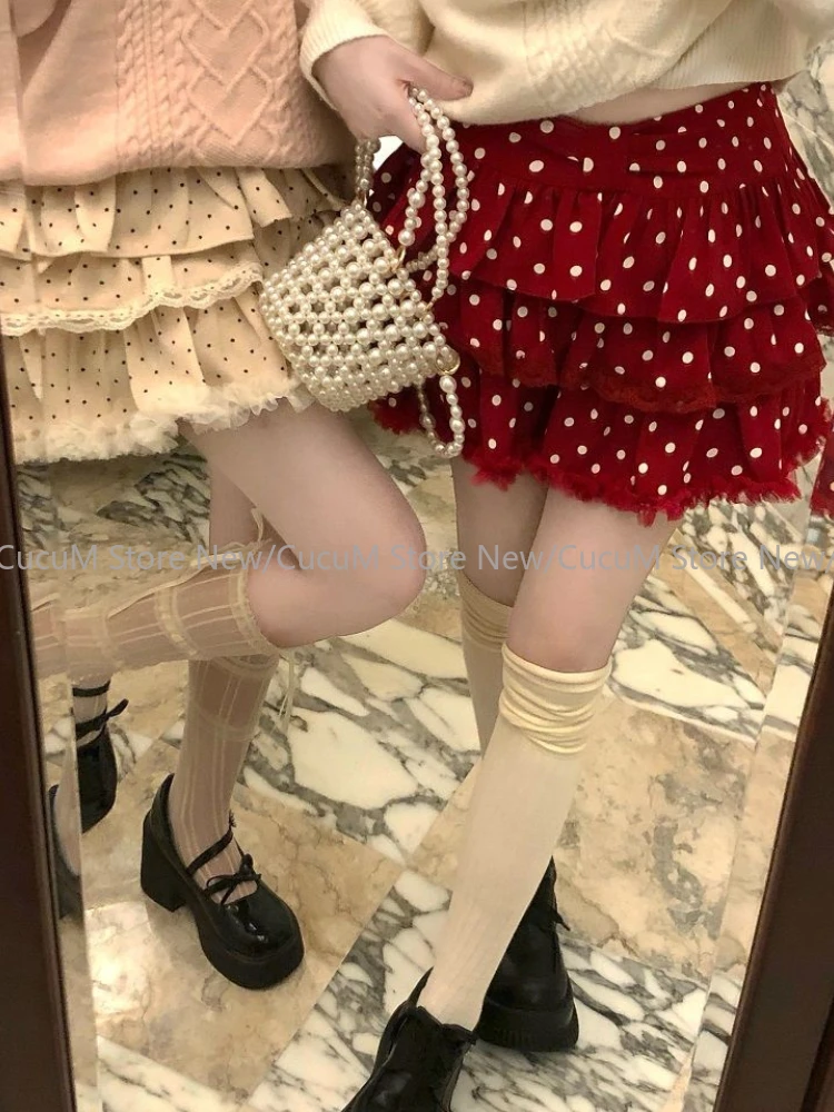 Woman High Waist Polka Dot Lace Bow Cake Skirt Sweet Kawaii Y2k Mini Skirt Lolita Japanese Style Fashion Skirt Autumn Winter