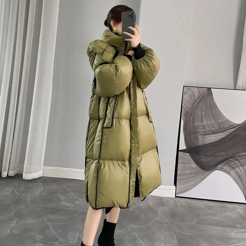 Down Jacket Women\'s Mid Length New Winter Matte Splicing Knee Length White Duck Down Jacket Thickened Down Jacket