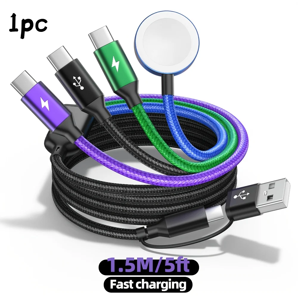 1PC 4-in-2 Fast Charging Cable With 3 Type-C Ports For IWatch Charger/IPhone17-15,5FT Portable Travel Essentials, USB C Splitter iPhone Watch Charger For IWatch Ultra/SE/11-2, Carplay Supported For RV/Car