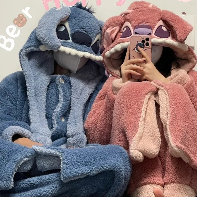 Disney Hello Kitty Stitch Kuromi Nightwear Autumn Winter Coral Velvet Thick Bathrobe Sleeping Robe Long Home Clothes Student