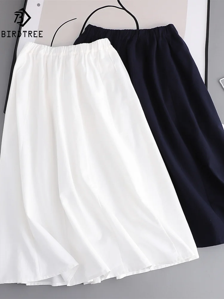 New Spring Cotton A-Line Skirts Women Elastic Waist Solid Color Skirt Girl Sweet Commute Casual Loose Skirt 2024 Summer B45506QM