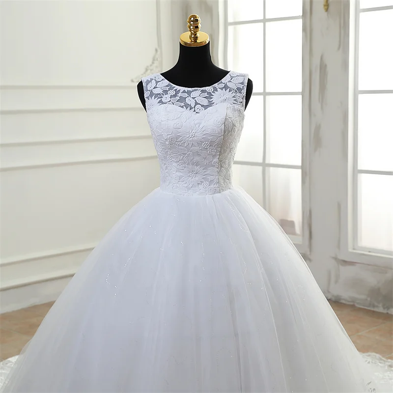 Y&M Novias O Neck Cheap Vestido De Noiva Off White Wedding Dress Train or Floor Custom Made Plus Size Bridal Tulle Mariage