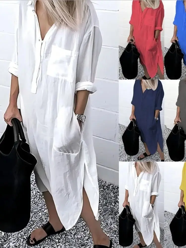 Abito camicia da donna Abbigliamento in cotone di lino 2022 Abiti longuette lunghi puri oversize vintage casual primavera estate