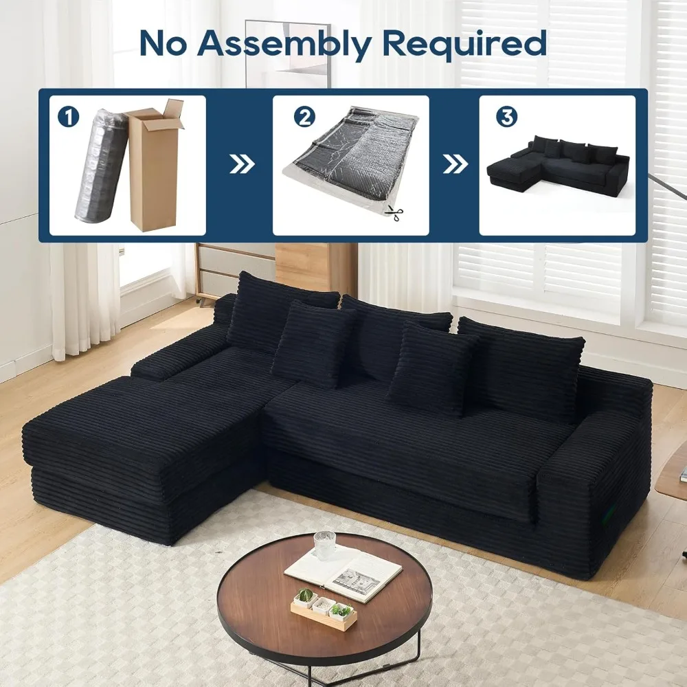 أرائك سحابة مقطعية على شكل حرف L لغرفة المعيشة مع إسفنج الذاكرة وإطار فولاذي بدون تجميع سرير أريكة قابل للتحويل، سروال قصير