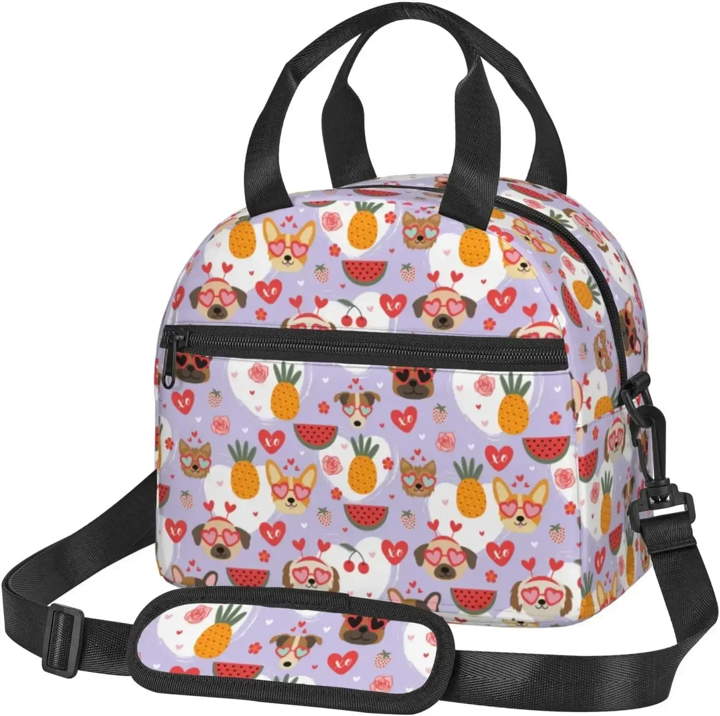 

Valentine Dogs Love Heart Lunch Bag Insulated with Adjustable Shoulder Strap for Women Men Reusable Lunch Cooler Bag