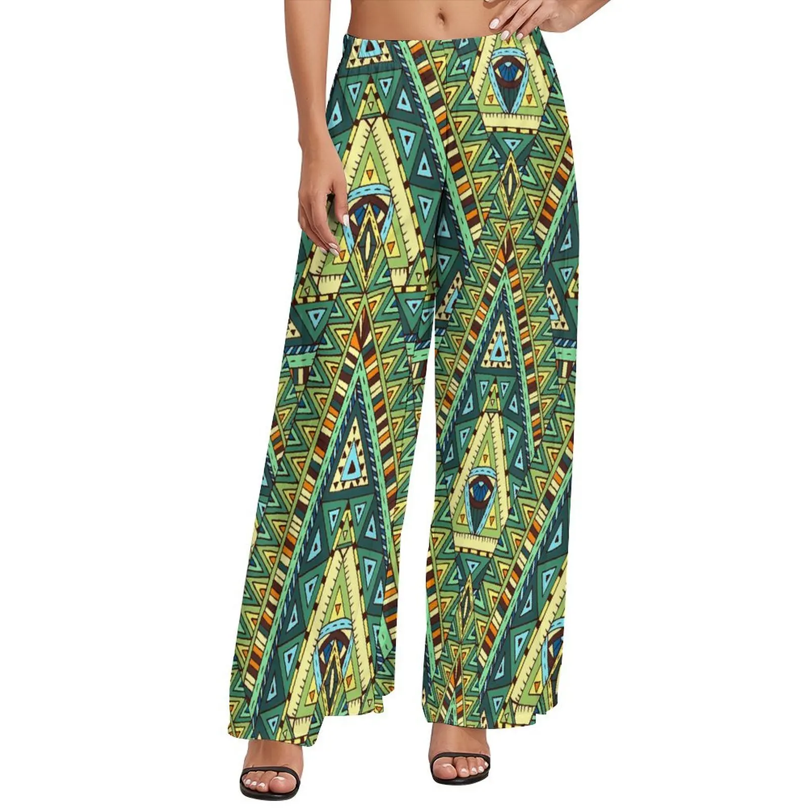 

Этнические прямые брюки в стиле бохо, зеленые и желтые современные широкие брюки, женские пляжные брюки большого размера