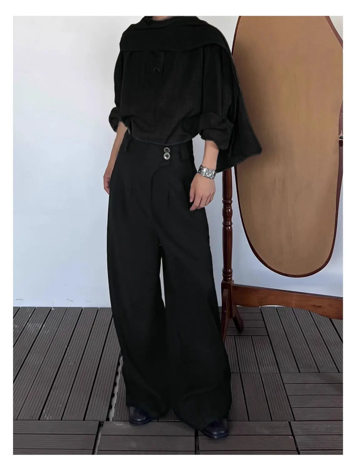 Men's Minimalist Oversized Two-Piece Set Asymmetric Collar Shirt Wide-Leg Trousers