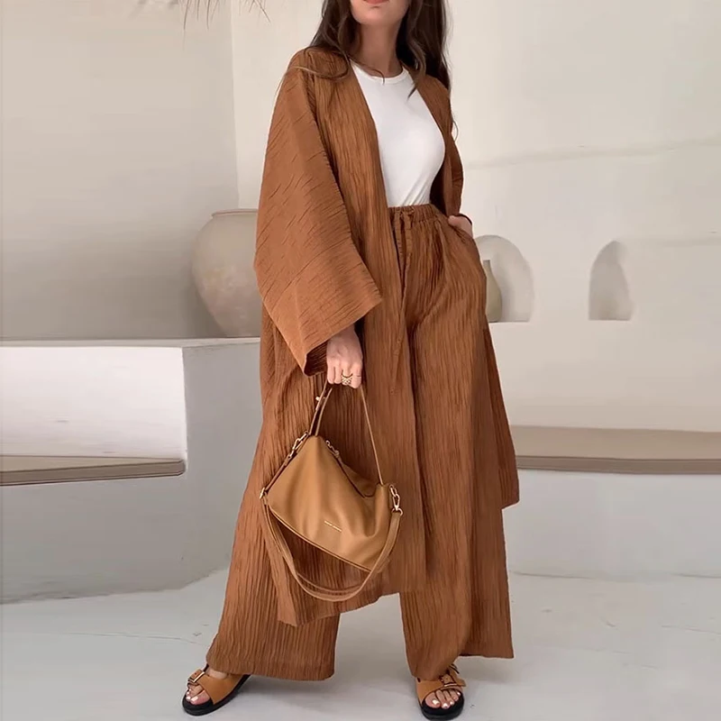 Elegant Female Loose Solid Color Outfits 2024 Women\'s Autumn Suits Lady Pleated Texture Top+Straight Casual Pants Two-Piece Sets