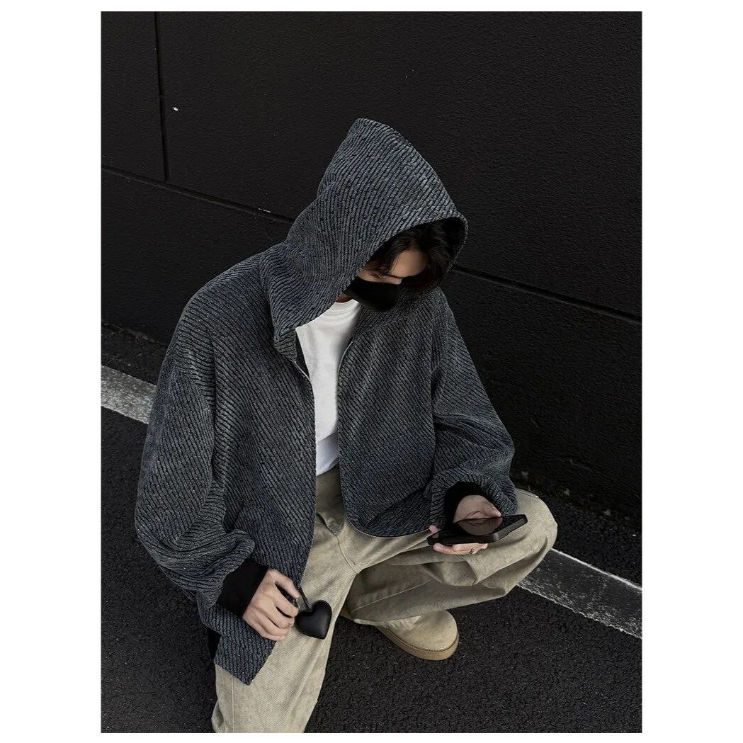 

Hooded striped jacket men's spring and autumn new casual retro trendy brand high-end light luxury men's outerwear